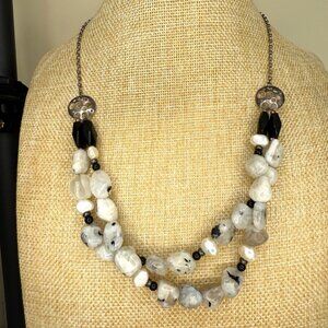 Handcrafted Multi-Strand Moonstone Pearl & Black Glass Necklace With Sterling Si